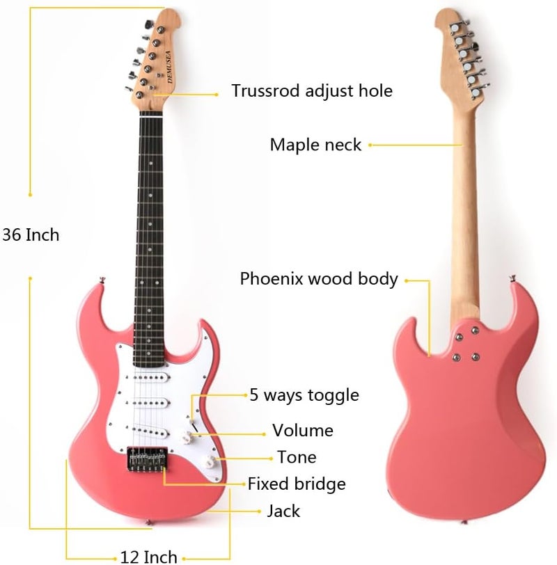 demusea Short Scale 36 Inch 3/4 Electric Mini Guitar Pink Color For Beginner Starter Travel Portable Practic With Gig Bag And Strap Phoenix Body Maple Neck - Image 2